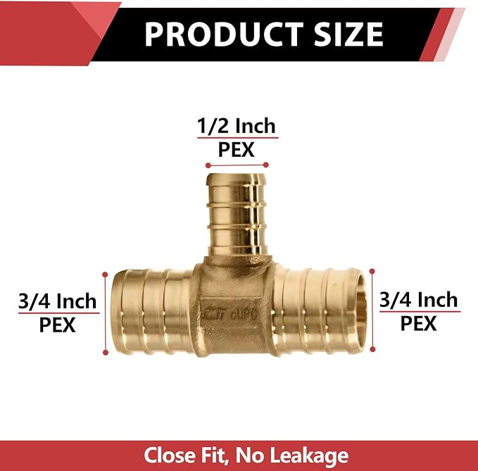 50PC EFIELD Barb Pex 3/4" x 3/4" x 1/2" Reducing Tee Brass Crimp Fittings | - Image 2