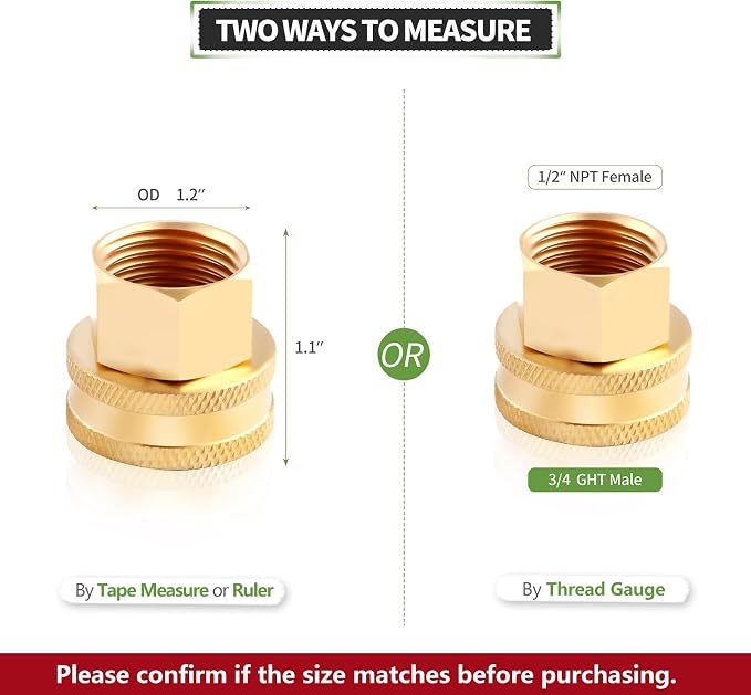 2 Pack Lead-Free Brass Garden Hose Threaded 3/4" GHT to 1/2 NPT Adapter | Green - Image 2