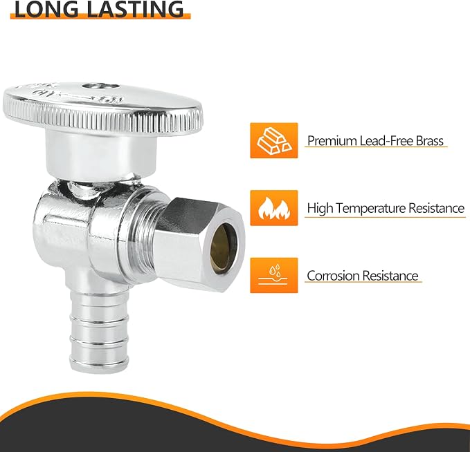 2PC HeSun 1/2" PEX-B Crimp x 3/8" OD Compression Angle Stop Valve | 1/4 Turn - Image 4