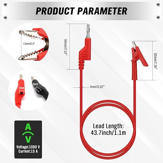 SWANLAKE 5-Piece Banana Plug to Alligator Clip Test Leads, 1000V 15A 3.5ft/1M - Image 3