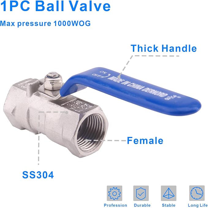 DERNORD Stainless Steel Ball Valve 1PC Type 3/8 Inch NPT Standard Port - Image 5