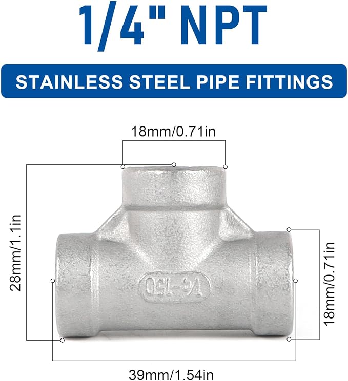 Pipe Fittings 304 Stainless Steel Tee Pipe Fittings 1/4" x 1/4" x 1/4" NPT - Image 2