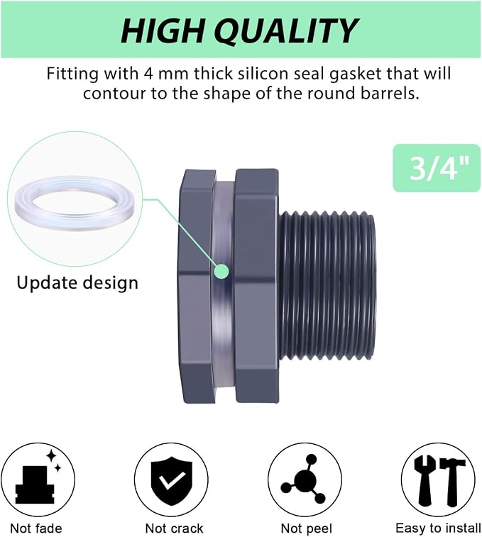 Outus 2 Pieces 3/4 Inch PVC Bulkhead Fitting, Rain Barrel Tank Adapter | - Image 4