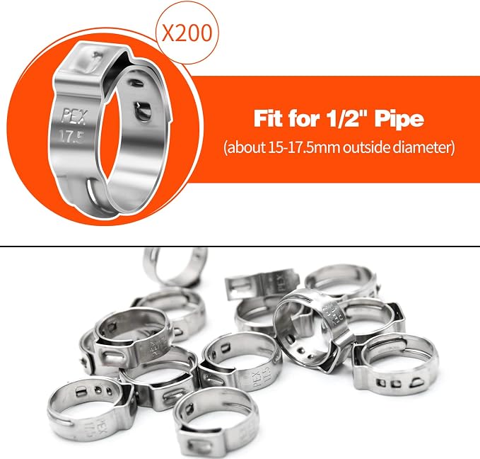 200 Pack 1/2" PEX Cinch Clamps, Stainless Steel Single Ear Hose Clamps - Image 2