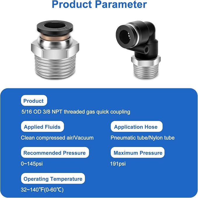 CNAODUN 12 Pcs Push to Connect Fittings 5/16 Inch Tube OD x 3/8 Inch NPT Thread - Image 2