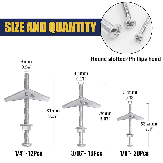 Toggle Bolts for Drywall 48pcs, 1/4 3/16 1/8 Zinc-Plated Butterfly Anchors | - Image 2
