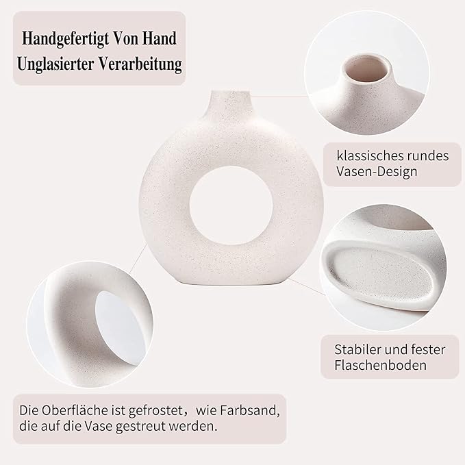 White Ceramic Donut Vase Set of 2, Big Hollow Round Matte Pampas Flower Vases - Image 2