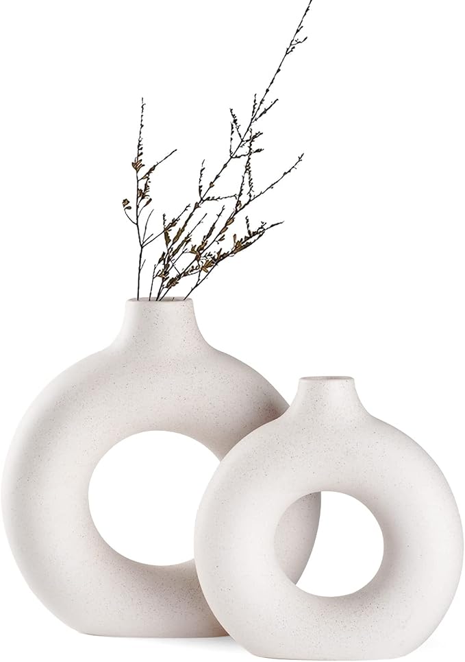 White Ceramic Donut Vase Set of 2, Hollow Matte Pampas Flower Vases by Hanaomaoyi