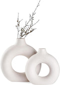 White Ceramic Donut Vase Set of 2, Hollow Matte Pampas Flower Vases by Hanaomaoyi