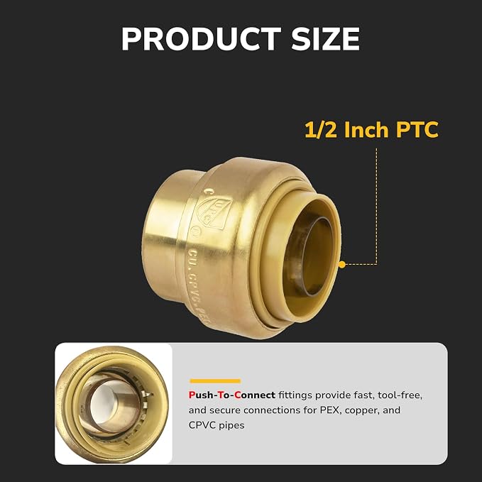 1/2" Push Fit End Cap, Push to Connect Brass Plumbing Fitting, Durable Push Cap - Image 2