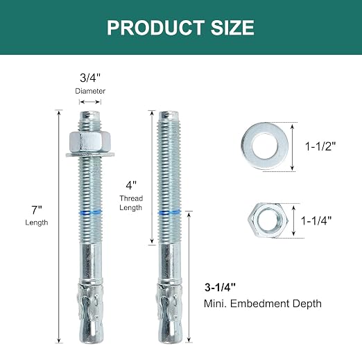 3/4" x 7" Concrete Anchors 3/4 inch Wedge Anchors Bolts Zinc Plated - Image 2