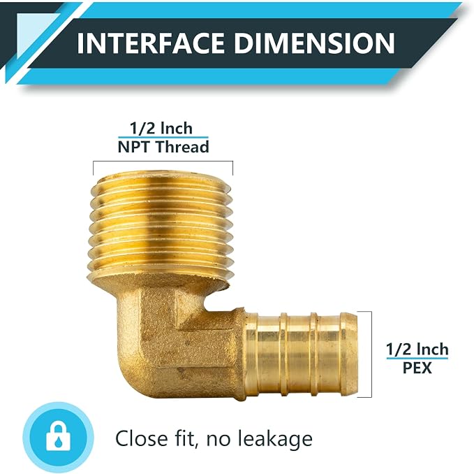 10Pack Seelink PEX Fittings, Pex 1/2" x 1/2" Male Threaded NPT Elbow | Brass - Image 2