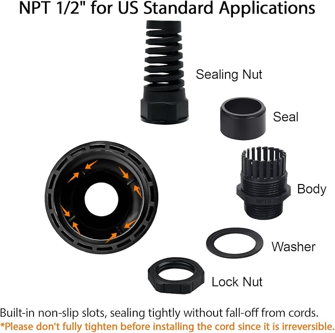 2Pcs NPT 1/2" IP68 Waterproof Cable Gland Flex Spiral Strain Relief Black Nylon - Image 3