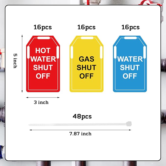 48 PCS Shut Off Valve Tags 5 x 3 Inch Plastic | Red Hot Water Shut Off Yellow - Image 7