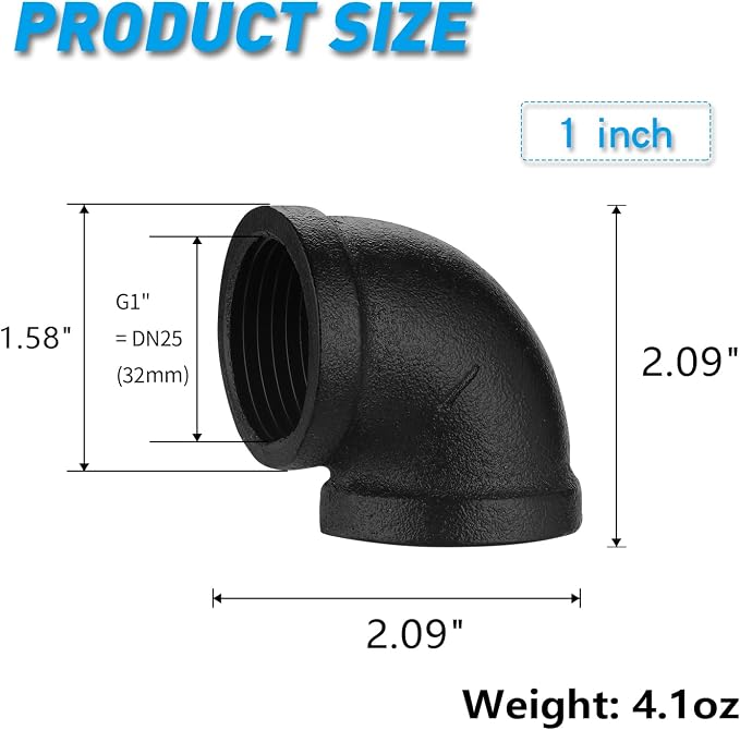 1" Black Pipe Elbow, 30 Pack DN25 Threaded Cast Black Malleable Iron Elbow - Image 2