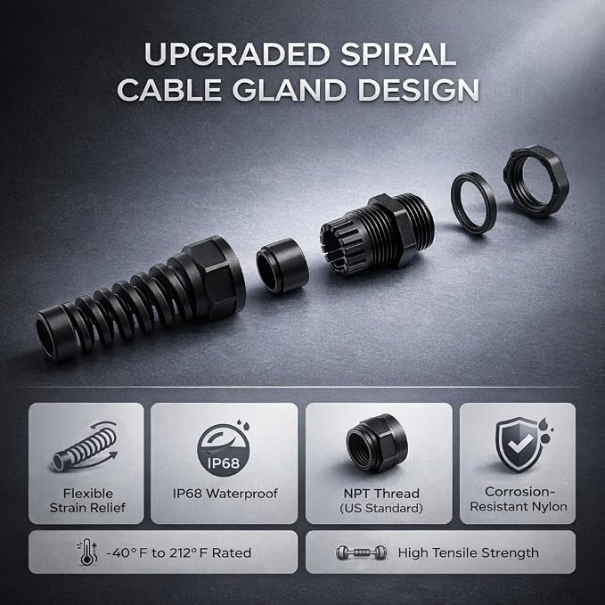 1/2" NPT Flexible Cable Gland, Spiral Pigtail Cord Grip Strain Relief - Image 4