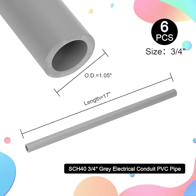 6Pcs 3/4 Inch Grey Electrical Conduit PVC Pipe 17" Long Sch40 PVC Rigid Tube - Image 3