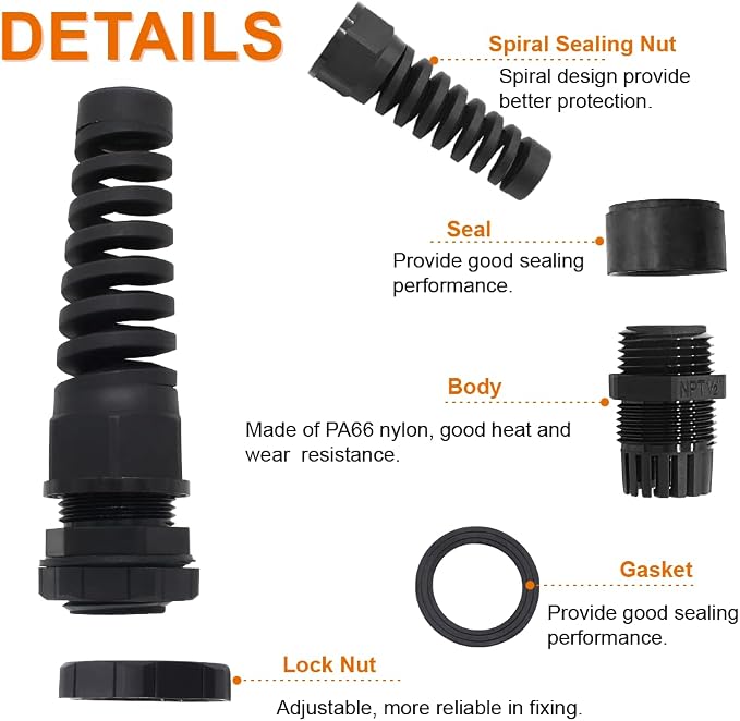 2Pcs NPT 1/2" Black Cable Gland, 7-12mm Cable Range | IP68 Waterproof, Nylon - Image 4