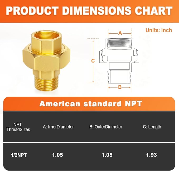 GASHER 1/2" NPT Brass Union Pipe Fitting | 1/2 Inch Male x 1/2 Inch Female - Image 3