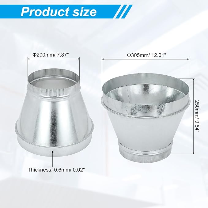 PATIKIL 12 Inch to 8 Inch Duct Reducer, Galvanized Steel Round Air Duct Reducer - Image 2