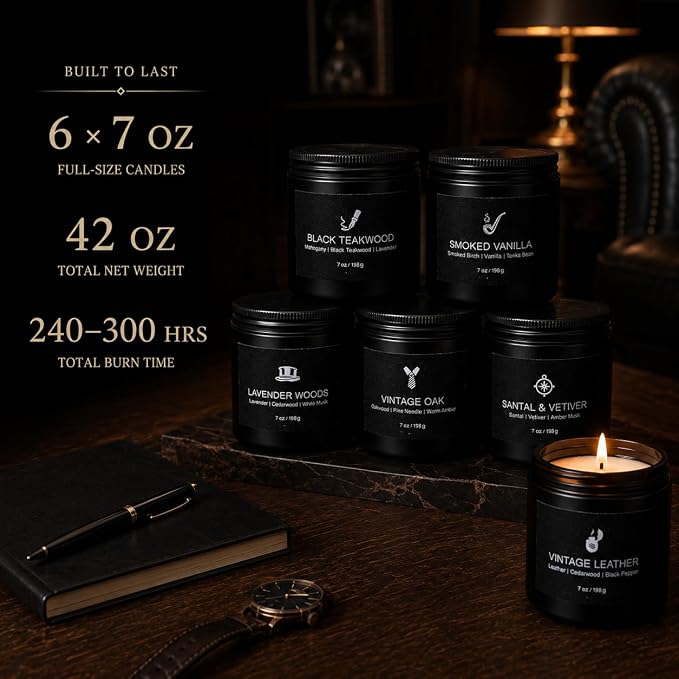 Scented Candles for Men, 6 Masculine Scents Set, 7 oz Each | 200H Burn Time - Image 3