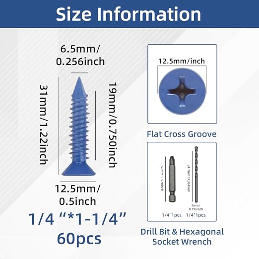 60Pcs 1/4" x 1-1/4”Concrete Screws - Image 2