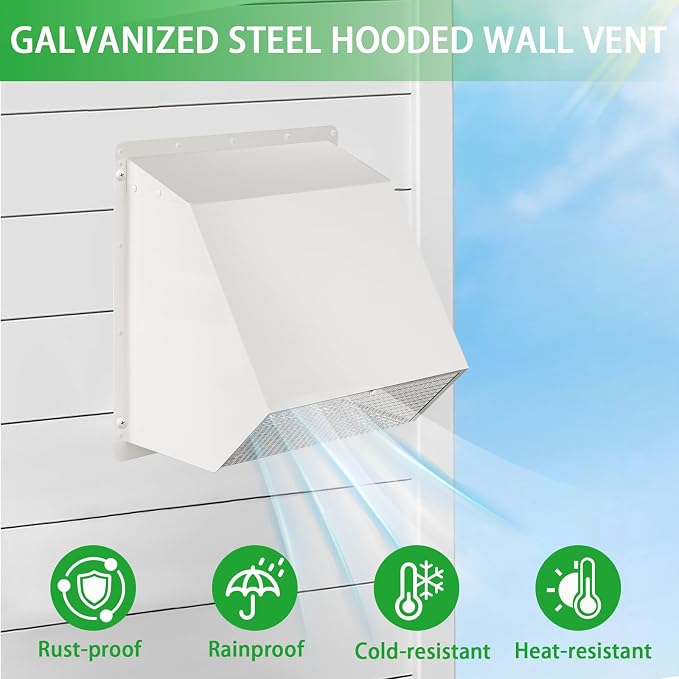 7Inch Hooded Wall Vent with Screen and Damper, Galvanized Steel Exhaust Vent - Image 5
