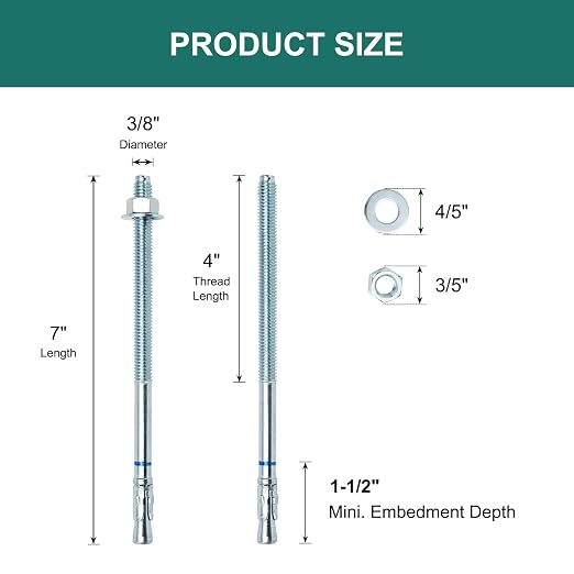 3/8" x 7" Concrete Anchors 3/8 inch Wedge Anchors Bolts Zinc Plated - Image 2