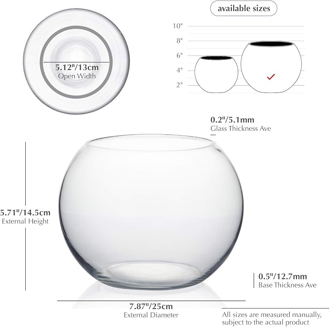 WGVI Bowl Glass Vase, Diameter 8", Height 6", Open Width 5", 1 Piece - Image 2
