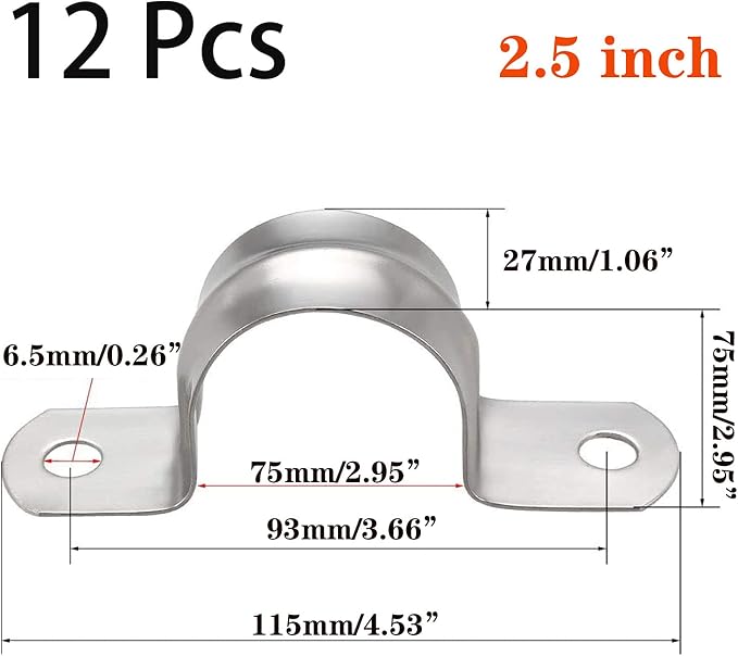 12 Pcs 2.5inch Rigid Pipe Strap, Two Hole Stainless Steel Strap U Bracket - Image 2