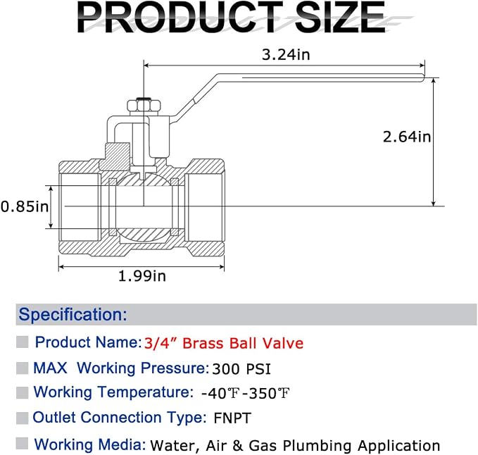 2 Pack 3/4" Full Port Ball Valve Brass, 3/4 Inch NPT Brass Valve, 3/4" Female x - Image 2