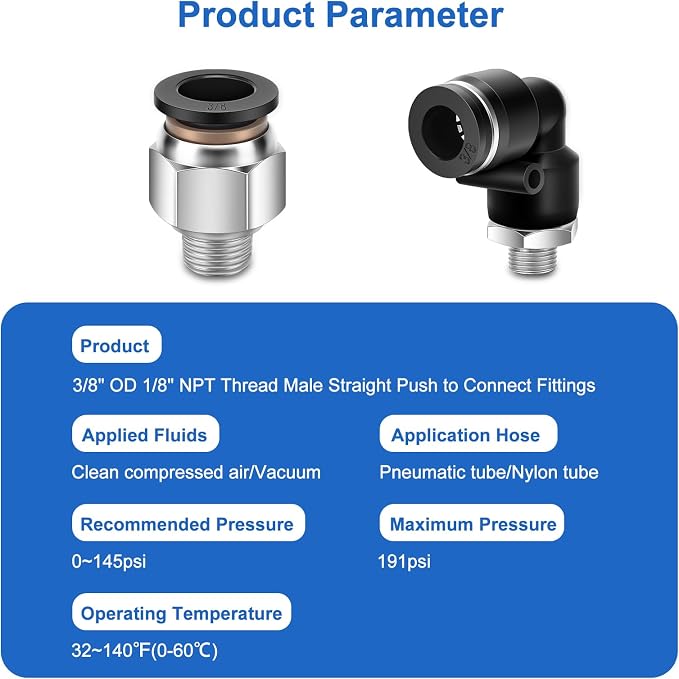 CNAODUN 12 Pcs Push to Connect Fittings 3/8 Inch Tube OD x 1/8 Inch NPT Thread - Image 2