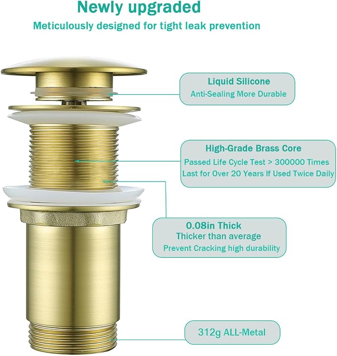 Brass Round Bottle P-Trap with Pop Up Drain Stopper, 1 1/4 Adjustable Basin - Image 3