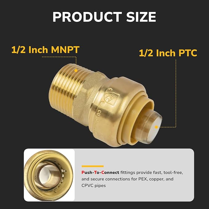 1/2" PTC to 1/2" NPT Male Adapter Push-Fit, Push to Connect Brass Plumbing - Image 2