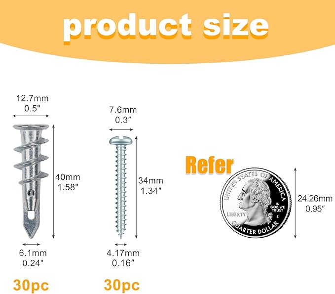 #8 Zinc Self-Drilling Drywall Anchors, 30 Heavy Duty Anchors + 30#8 x 1-1/4'' - Image 3