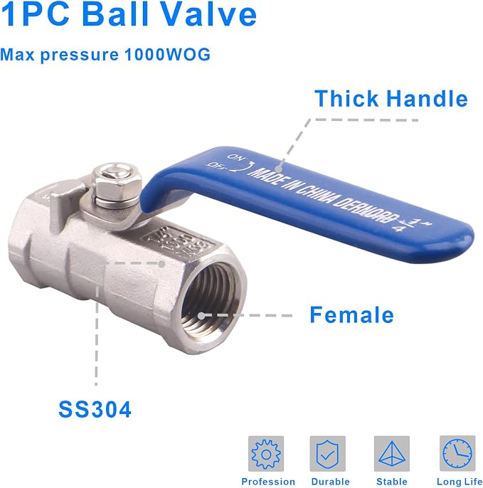 DERNORD Stainless Steel Ball Valve 1PC Type 0.25 Inch NPT Standard Port - Image 5