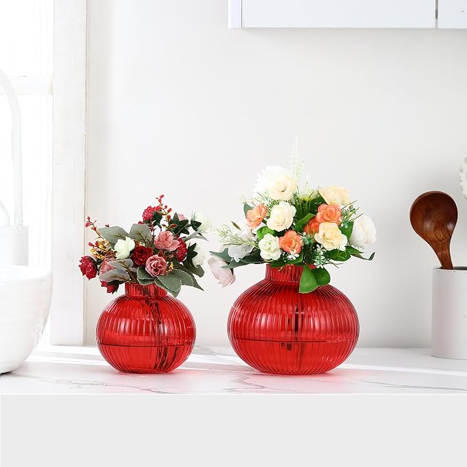 Red Glass Vases for Tulips, Flower Vases for Bouquet, Ribbed Glass Vase for - Image 4