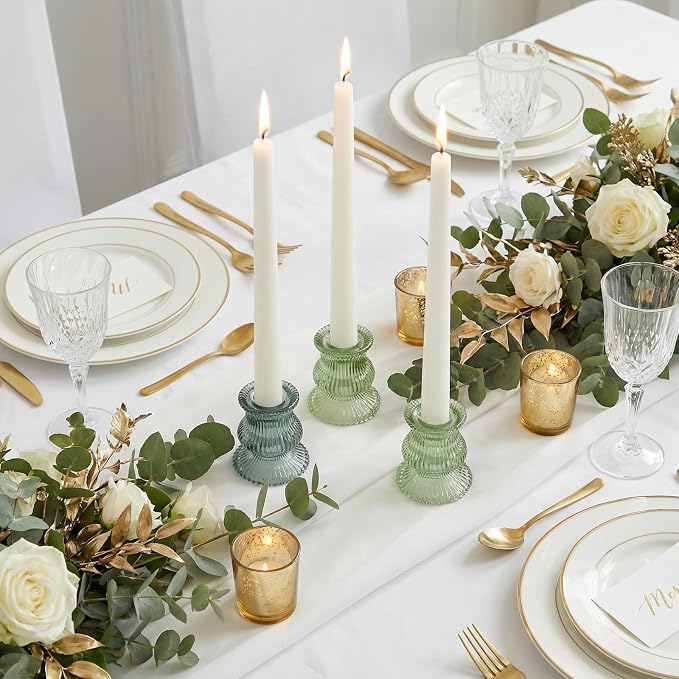 Green Glass Candle Holders 12 Pcs, Ribbed Taper Candle Holders Bulk, Vintage - Image 3