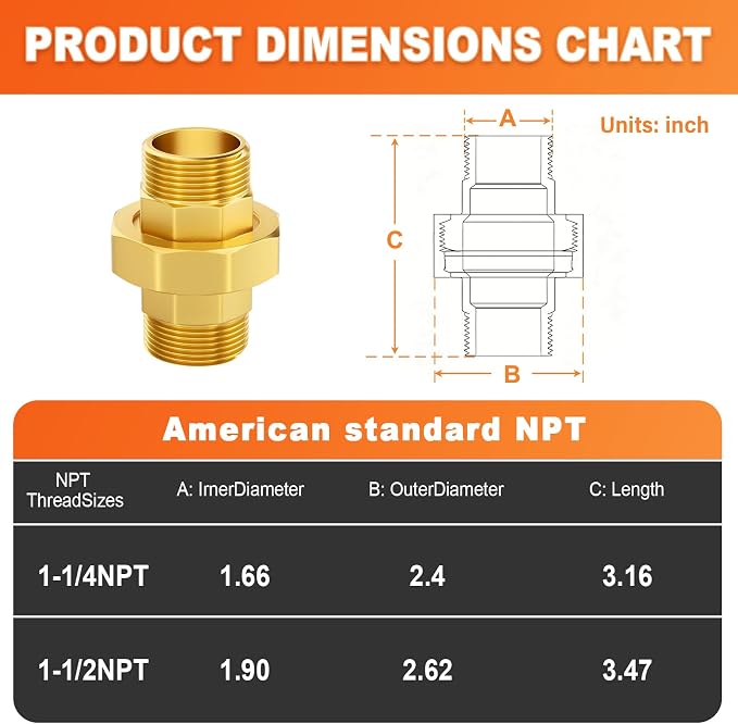 GASHER 2PCS 1-1/2" MNPT Brass Union Pipe Fitting | 1-1/2 Inch Male x 1-1/2 Inch - Image 3
