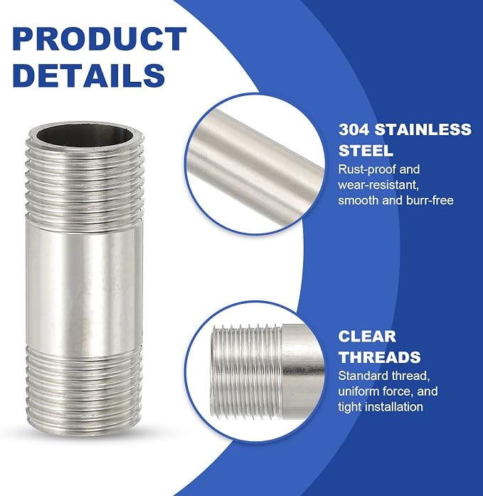 PATIKIL 304 Stainless Steel Pipe Fitting, 2 Pack 1/2" BSP Male x 1/2" BSP Male - Image 4