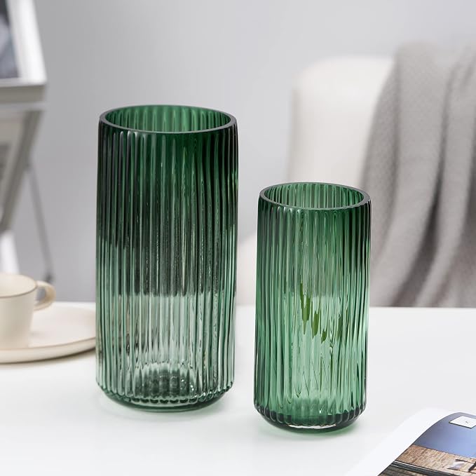 Flower Vase 10 inch Green Thickened Hand Blow Glass Vase Round Vintage Striped - Image 8