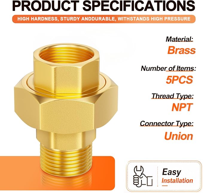 GASHER 5PCS 1/2"NPT Brass Union Pipe Fitting | 1/2 Inch Male x 1/2 Inch Female - Image 2