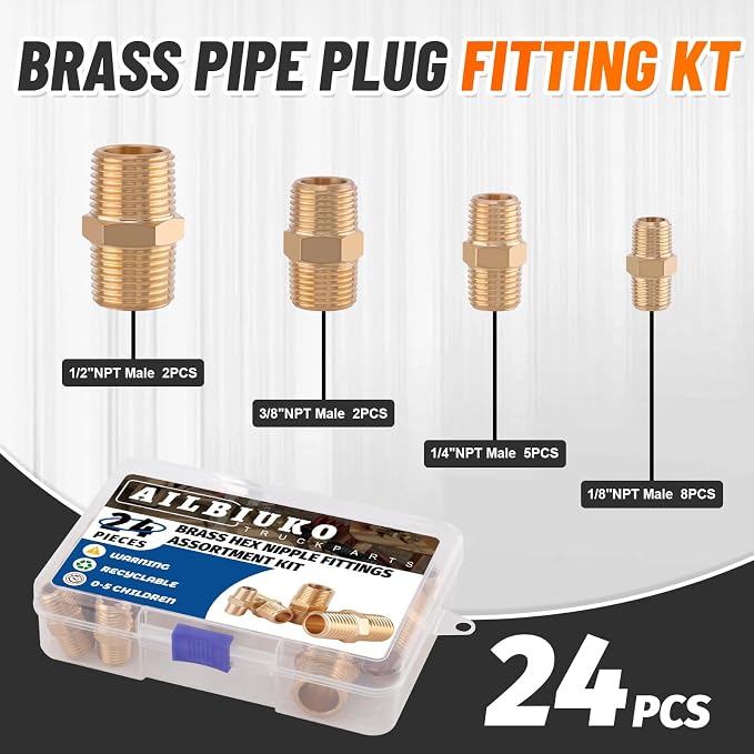24Pcs Brass Pipe Fittings Hex Nipple Kit, 1/8" 1/4" 3/8" 1/2" NPT | 1/4 Inch - Image 2