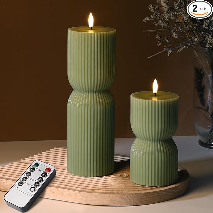 Olive Green Ribbed Flameless Pillar Candles by Girimax