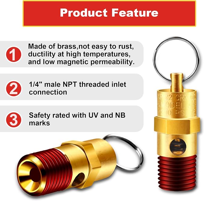 1/4'' NPT Male 200 PSI Air Compressor Pressure Relief Valve Brass | Safety - Image 5