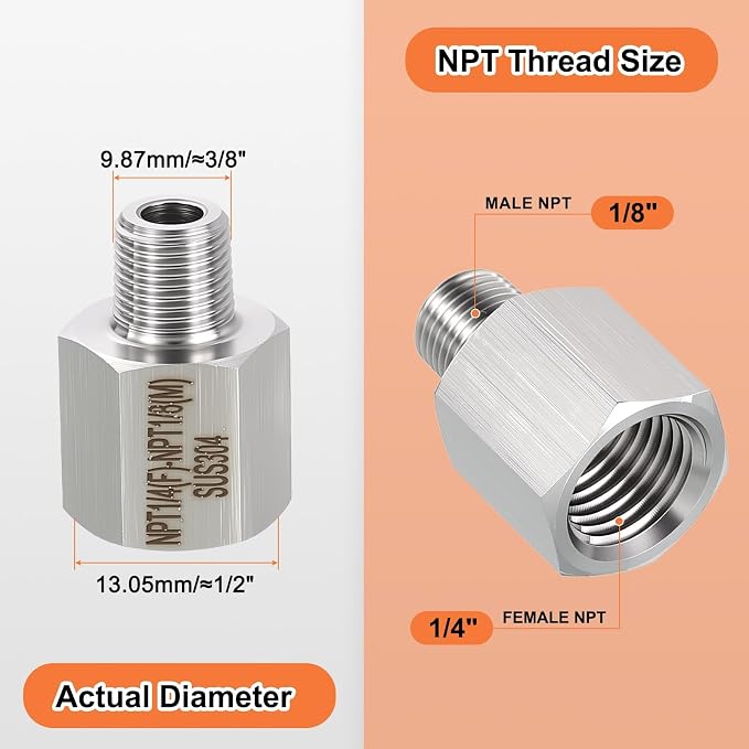 2 Pack 304 Stainless Steel FeMale to Male Adapter, 1/4" FeMale NPT x 1/8" Male - Image 2