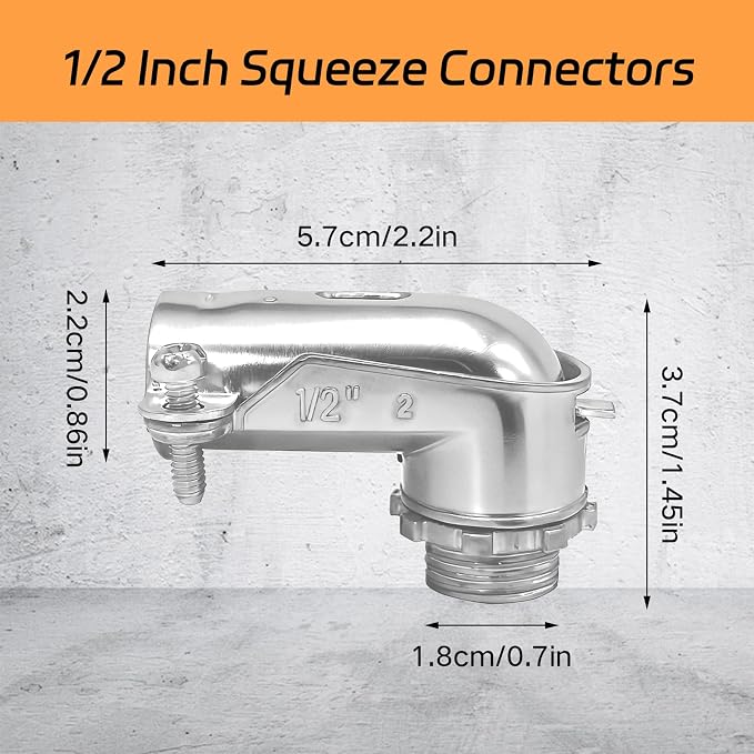 6 Pcs 90° Squeeze Connectors, Zinc Die Cast, 1/2 Inch Flexible Metal Conduit - Image 2