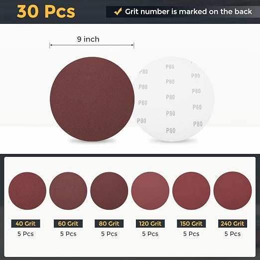 HARFINGTON 30Pcs 9Inch Sanding Disc Hook & Loop Sandpaper Aluminum Oxide | - Image 2