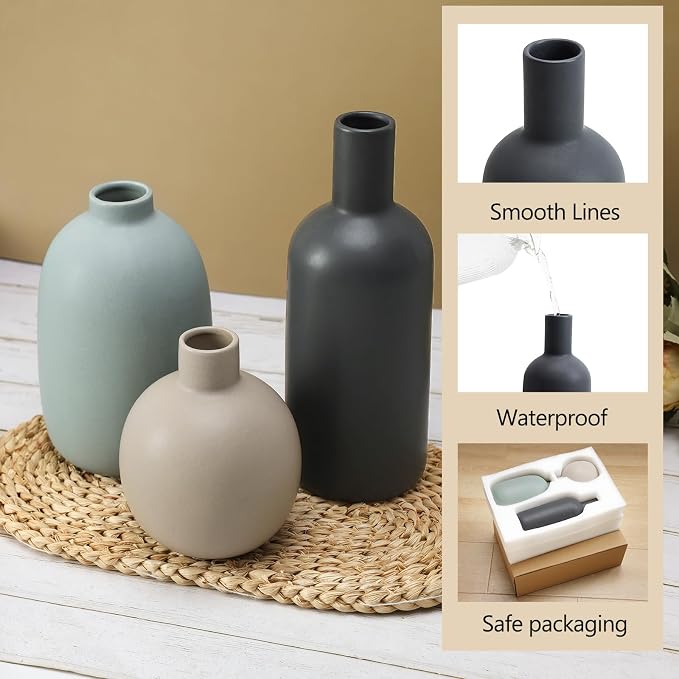Large Ceramic Vase Set of 3, Neutral Vases Home Decor Waterproof | Farmhouse - Image 3