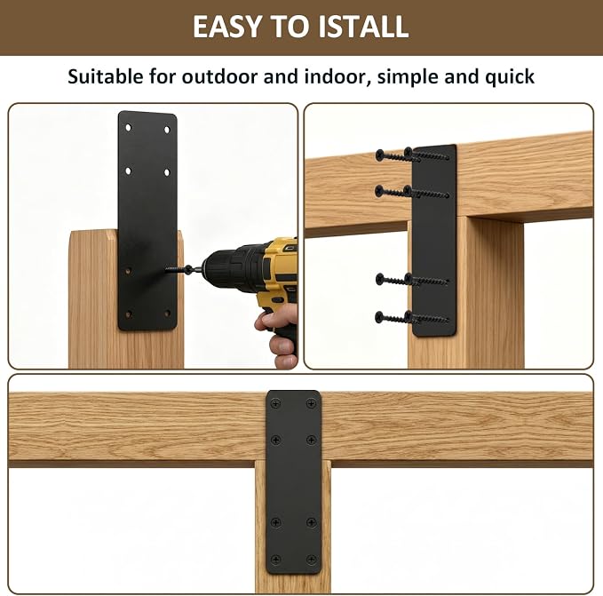 Black Heavy Duty I Post Brackets, Flat Mending Plate - Image 5